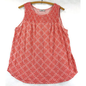 Dalia Smocked Coral Geometric Medallion Print Size XL Sleeveless Tank Blouse